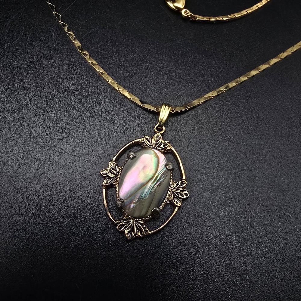 Abalone Shell Pendant Necklace Gold Tone Victorian Revival Vintage